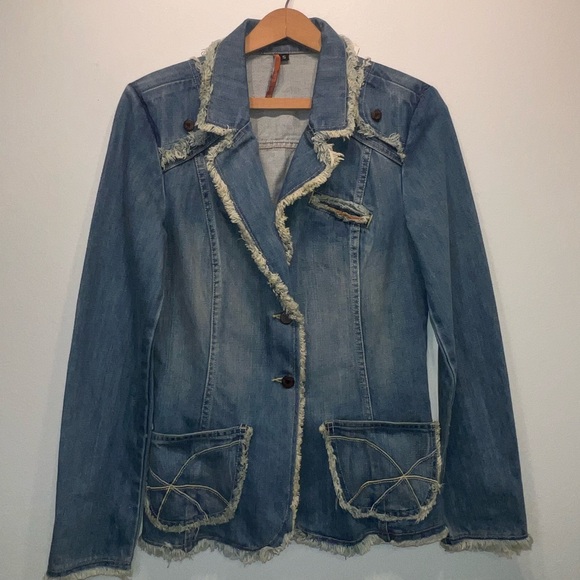 Blujeanious Women's Denim Jean Blazer Jacket Sz Small Made In USA Frayed Edges - Picture 1 of 11